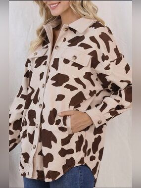 NWT BIBI Women’s Cream & Brown Corduroy Oversized Cow Print Shacket, L🤠